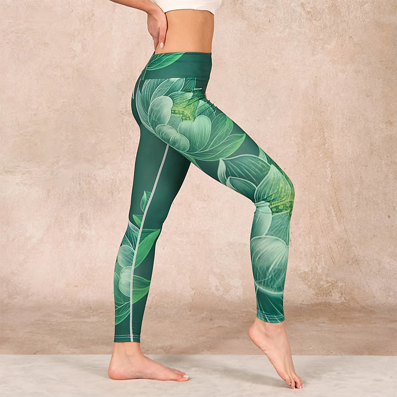 Dark Green Lotus Flower Leaf Print Gym Fitness Leggings Women's Yoga Pants