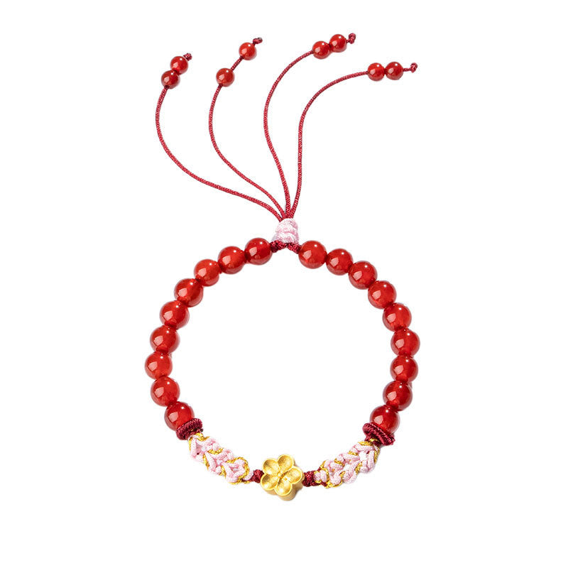 999 Sterling Silver Natural Red Agate Pink Crystal Cherry blossom Bracelet
