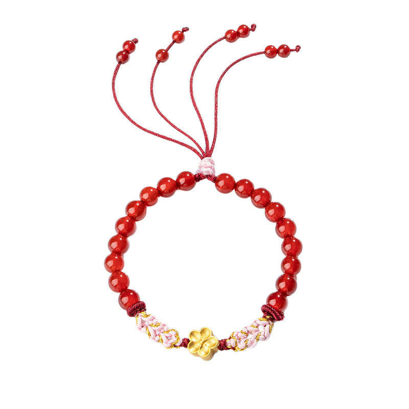 999 Sterling Silver Natural Red Agate Pink Crystal Cherry blossom Bracelet