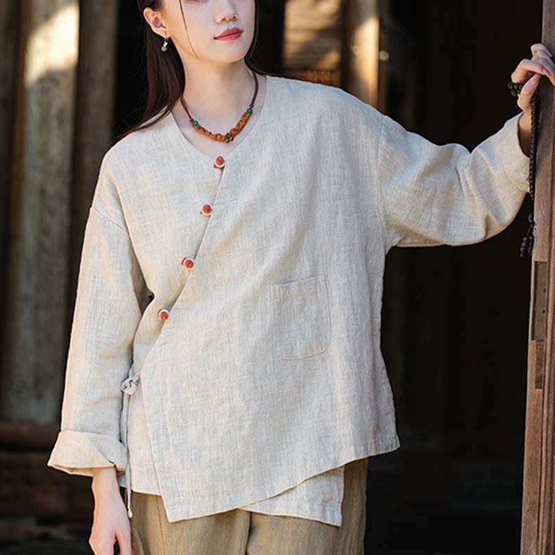 Solid Color Ramie Linen Loose Blouse Long Sleeve Shirt Chinese Hanfu Top