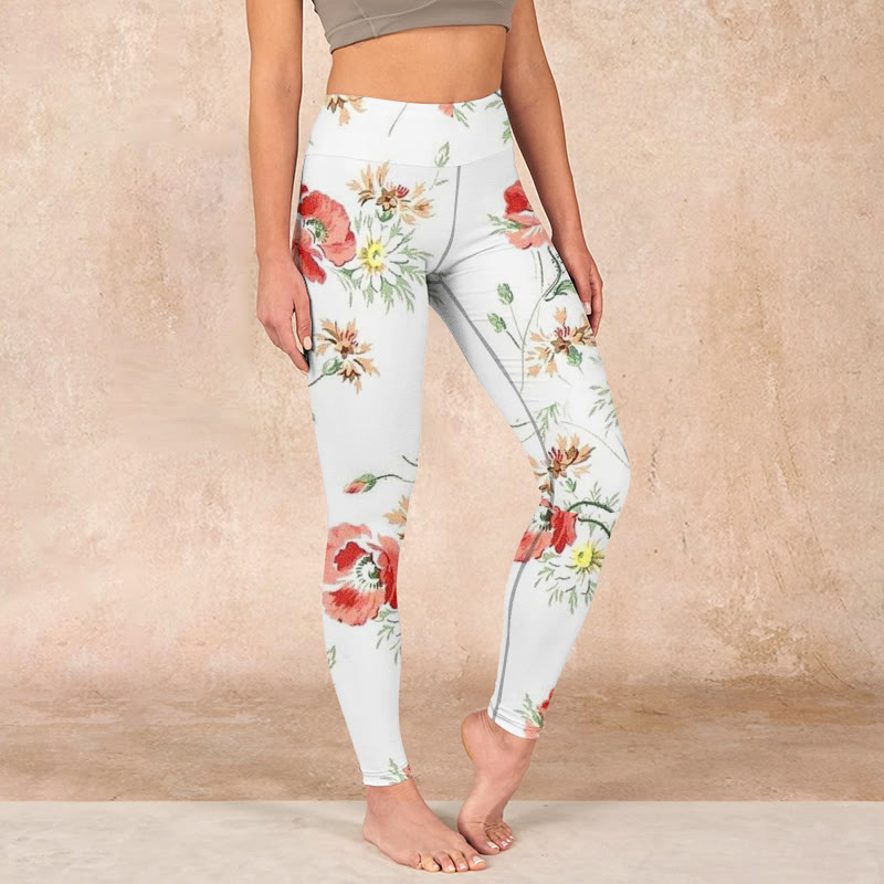 White Daisy Red Flower Print Sports Leggings Women's Yoga Pants