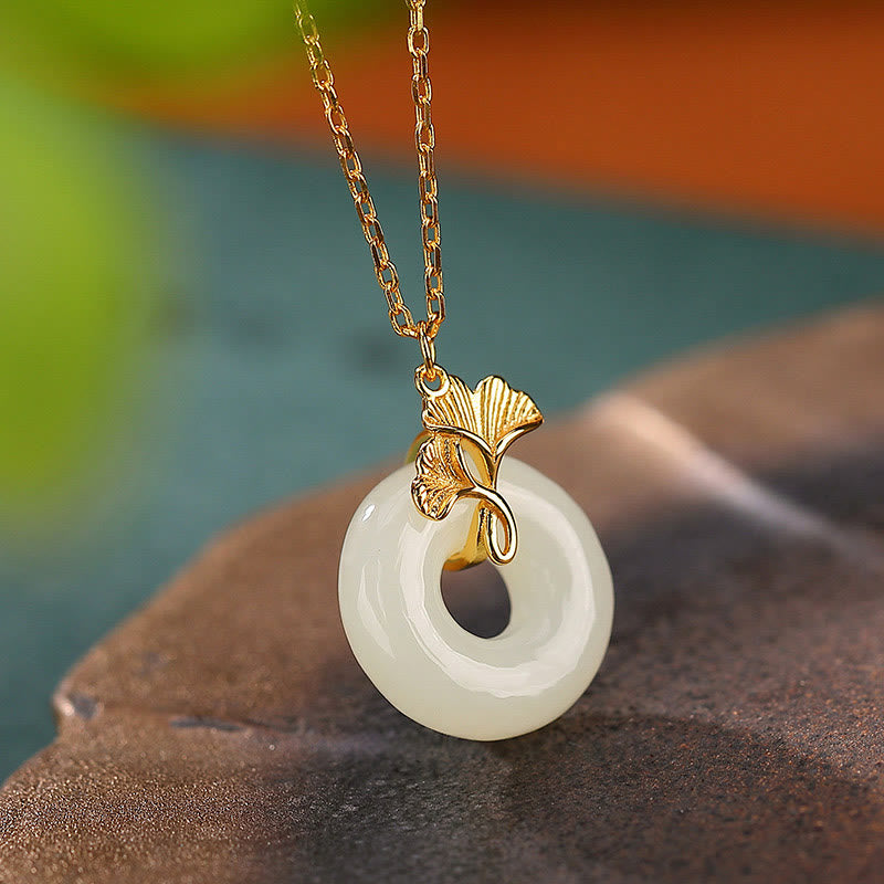 925 Sterling Silver Natural Hetian Jade Ginkgo Leaf Peace Buckle Luck Necklace Pendant