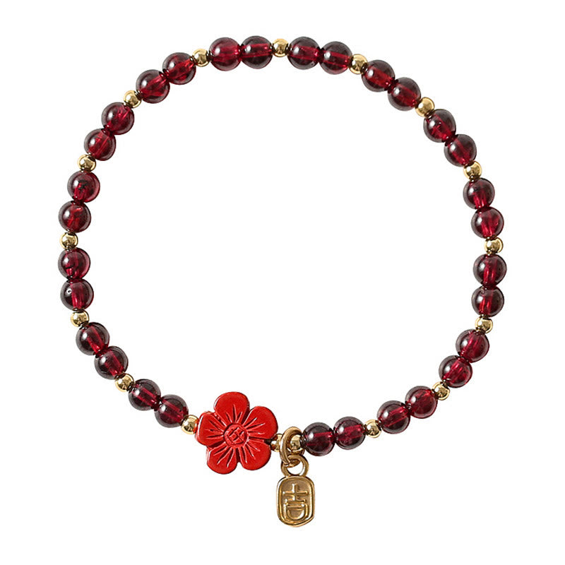 14K Gold Natural Garnet Cinnabar Flower Calm Bracelet