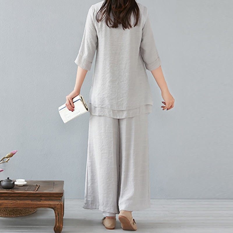 2Pcs Three Quarter Sleeve Long Sleeve Shirt Wide Leg Pants Meditation Cotton Linen Clothing Women's Set