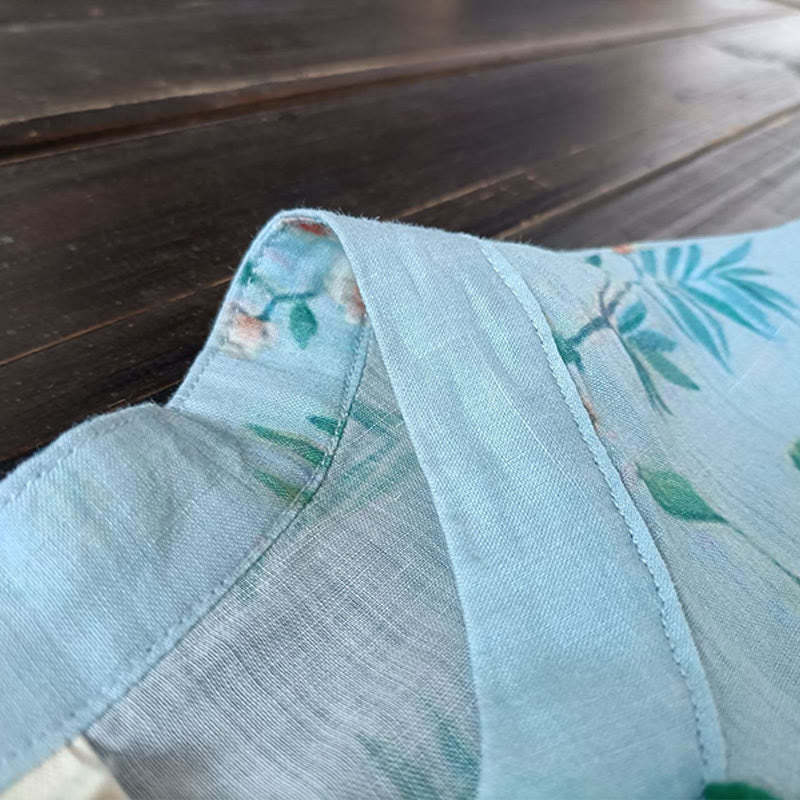 Light Green Pink Flowers Green Leaves Frog-Button Long Sleeve Ramie Linen Jacket Shirt