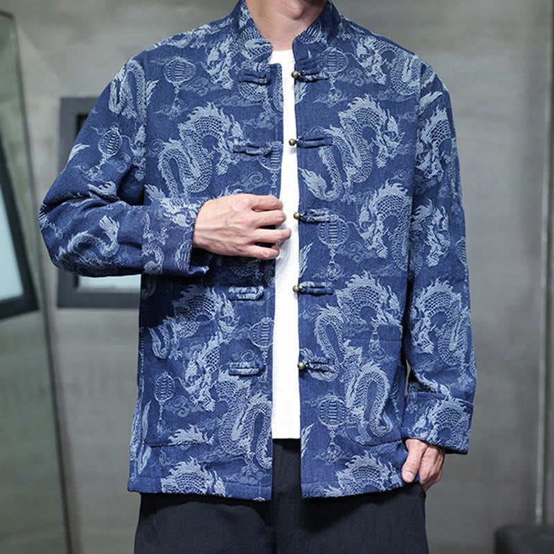 Chinese New Year Jacquard Embroidery Dragon Lantern Frog-button Tang Suit Cotton Men's Jacket Shirt With Pockets