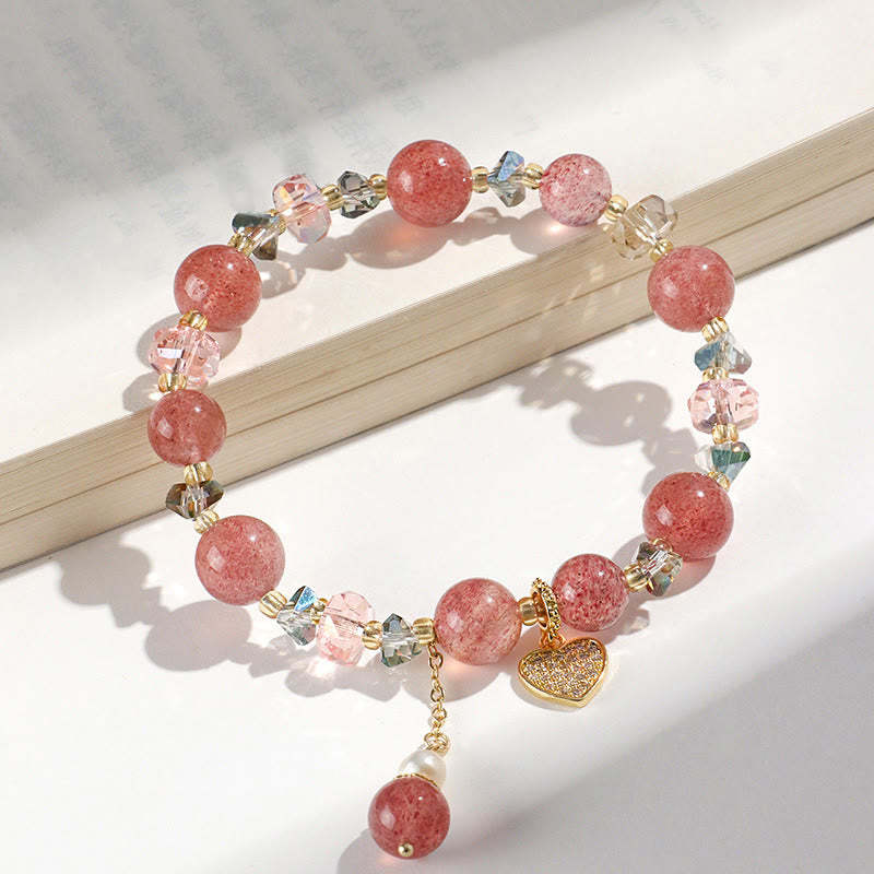 Strawberry Quartz White Crystal Pearl Liuli Heart Healing Bracelet