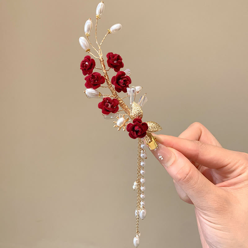Classical Chinese Wedding Bridal Red Rose Hair Clip