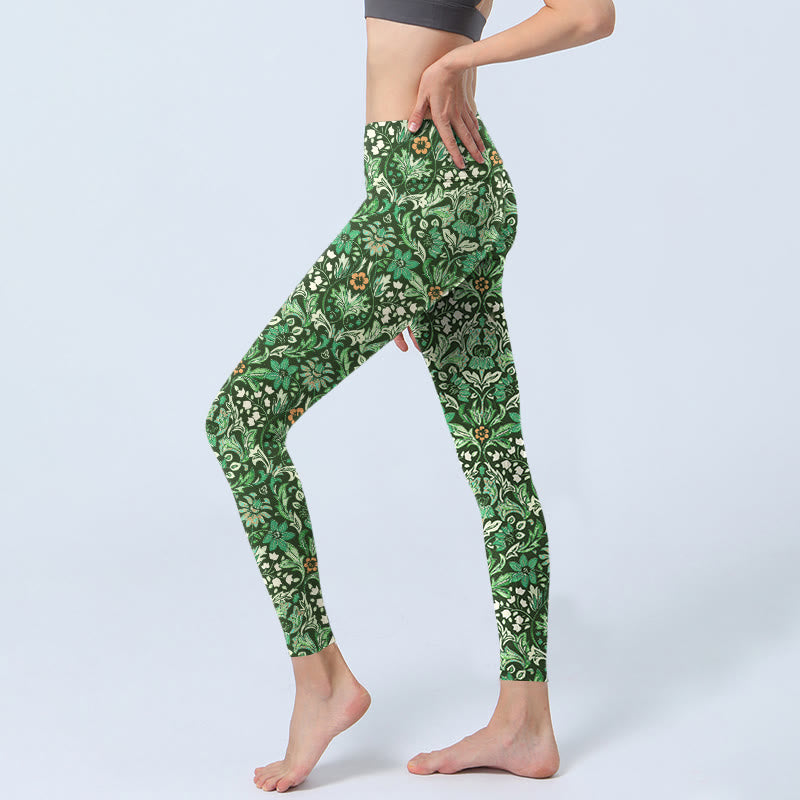 Green Stitching Symmetrical Flower Leaf Pattern Print Gym Leggings Women's Yoga Pants