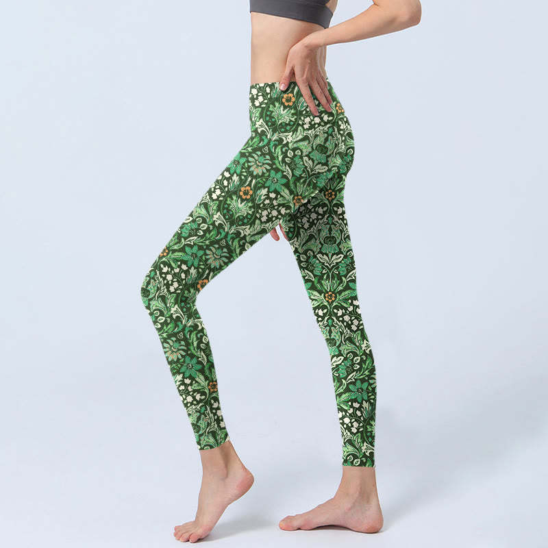 Green Stitching Symmetrical Flower Leaf Pattern Print Gym Leggings Women's Yoga Pants