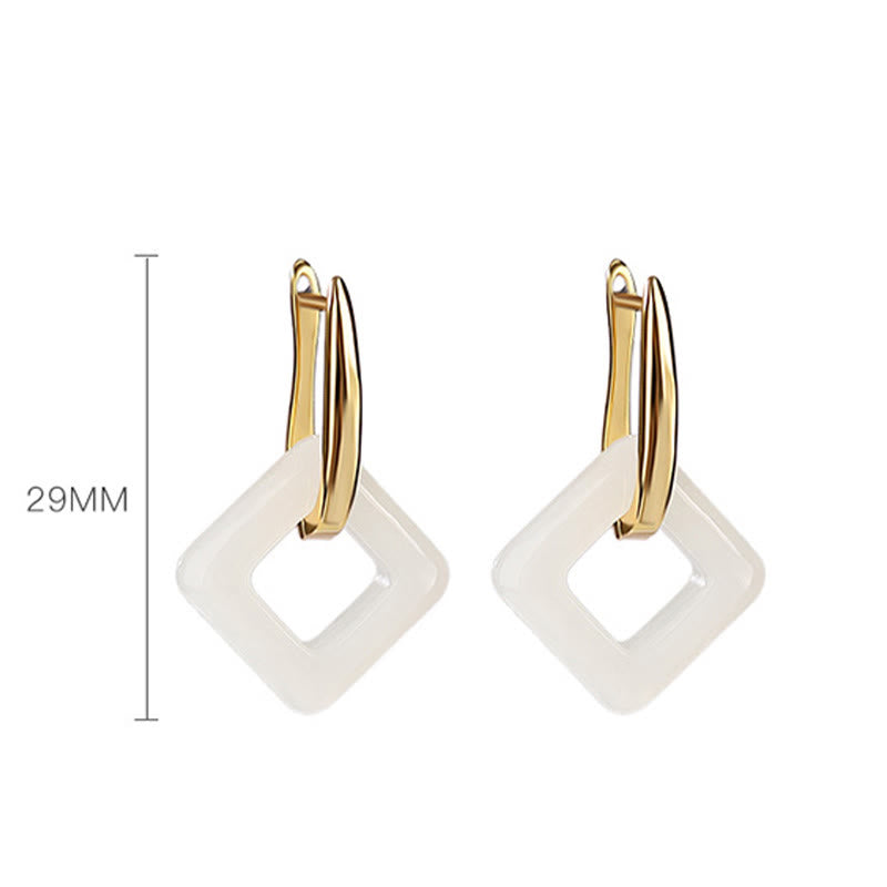 925 Sterling Silver Hetian Jade Geometric Square Luck Earrings