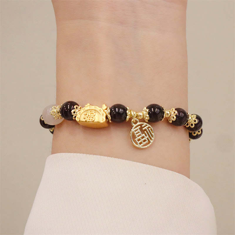 Year Of The Dragon Red Agate Strawberry Quartz Black Obsidian Jade Garnet Pearl Cinnabar Dumpling Dragon Luck Fu Character Bracelet