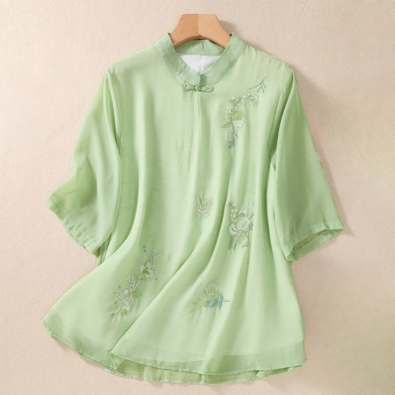 Embroidery Plants Flower Half Sleeve Plain Frog-Button Stand Collar Women's Shirt