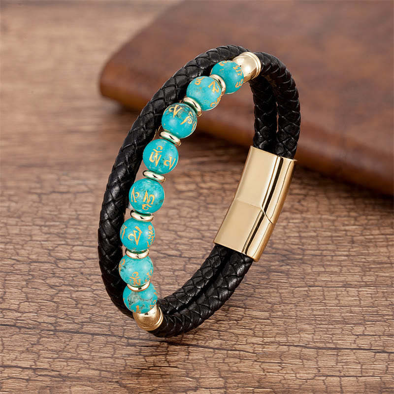 Black Onyx Turquoise Tiger Eye Red Agate Om Mani Padme Hum Strength Leather Bracelet