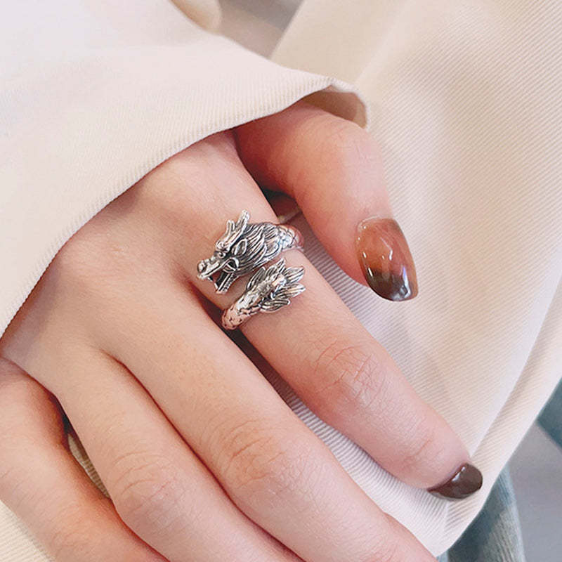 925 Sterling Silver Year Of The Dragon Luck Strength Adjustable Metal Ring