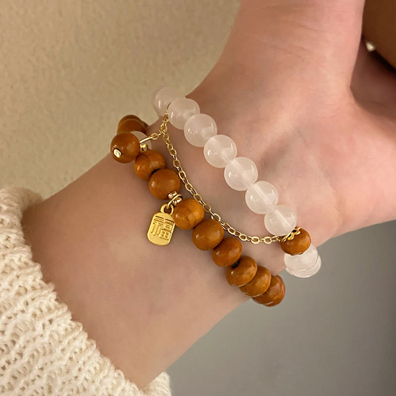 Sandalwood Cat's Eye Fu Character Charm Protection Bracelet