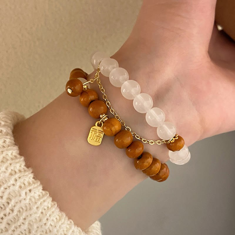 Sandalwood Cat's Eye Fu Character Charm Protection Bracelet