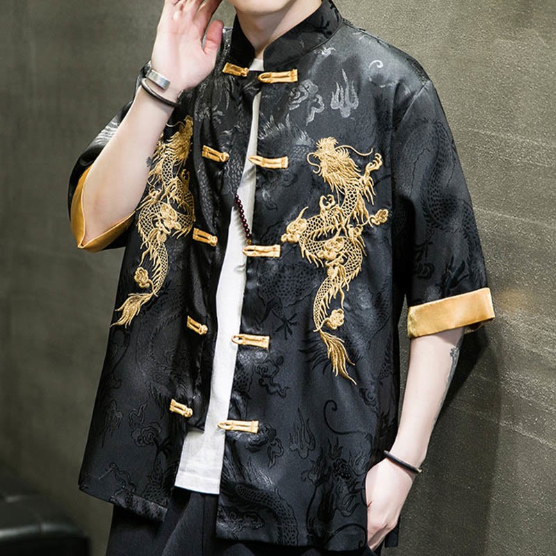 Frog-Button Chinese Dragon Embroidery Half Sleeve Shirt Linen Men Clothing