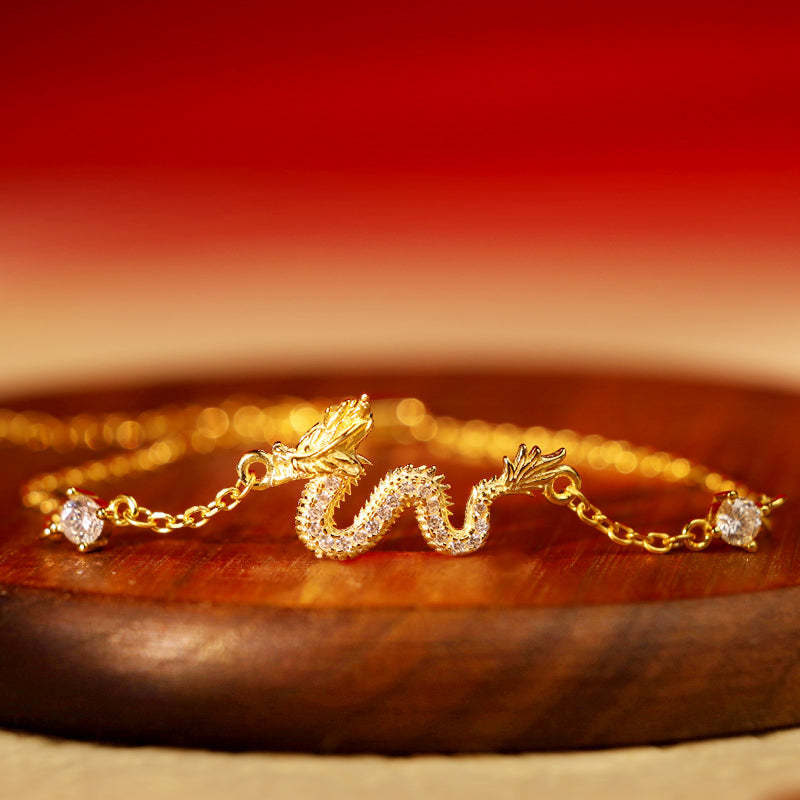 925 Sterling Silver Year Of The Dragon Auspicious Golden Dragon Luck Red Rope Chain Bracelet (Extra 30% Off | USE CODE: FS30)