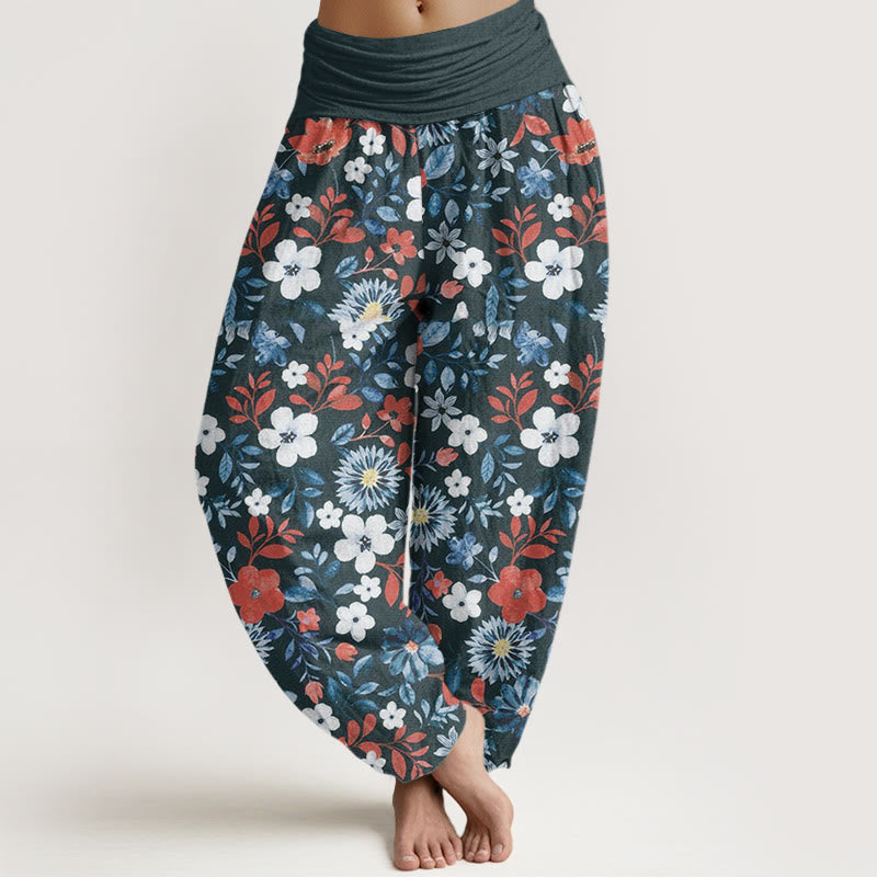 Casual Red White Flower Dandelion Design Women's Elastic Waist Harem Pants