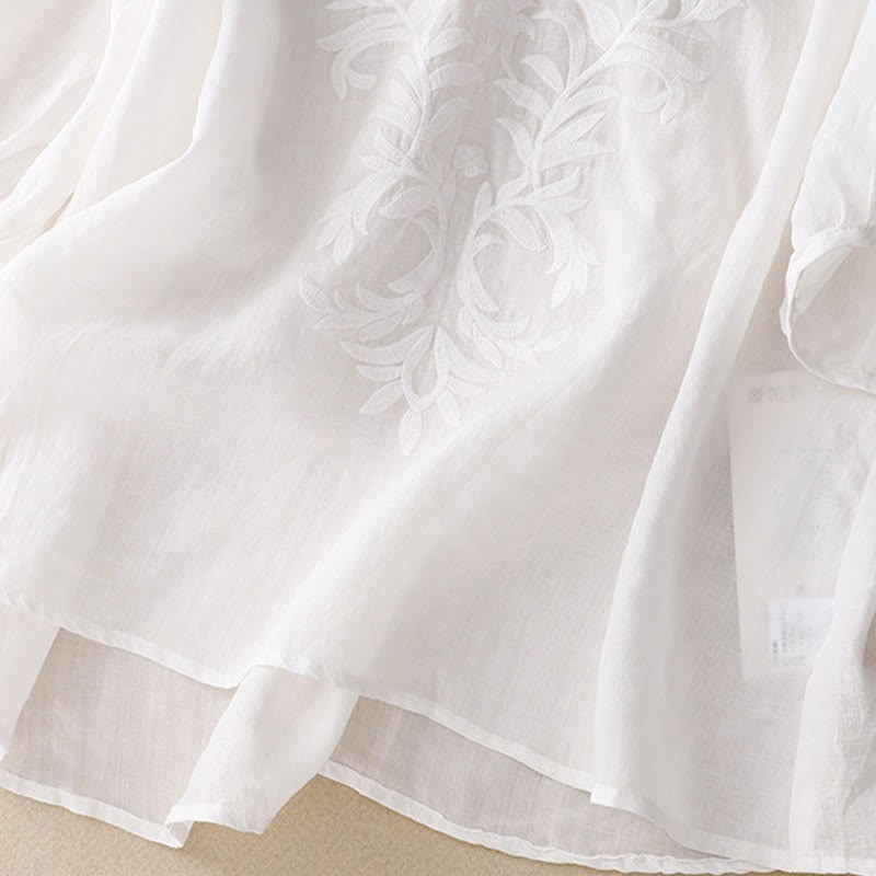 Vintage Casual Pure Leaf Embroidery V-Neck Half Sleeve Cotton Linen Women's T-Shirt