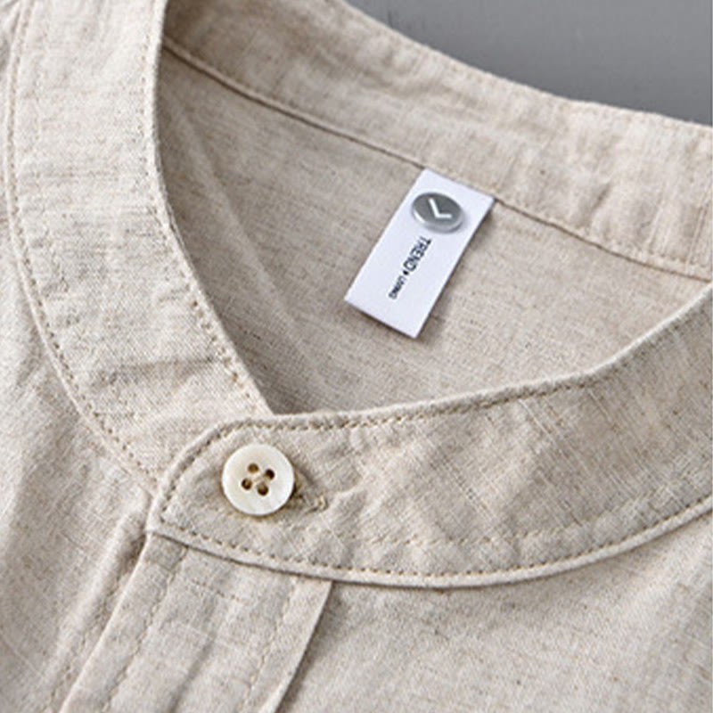 Men's Long Sleeve Stand Collar With Pocket Pure Color Casual Cotton Linen Shirt