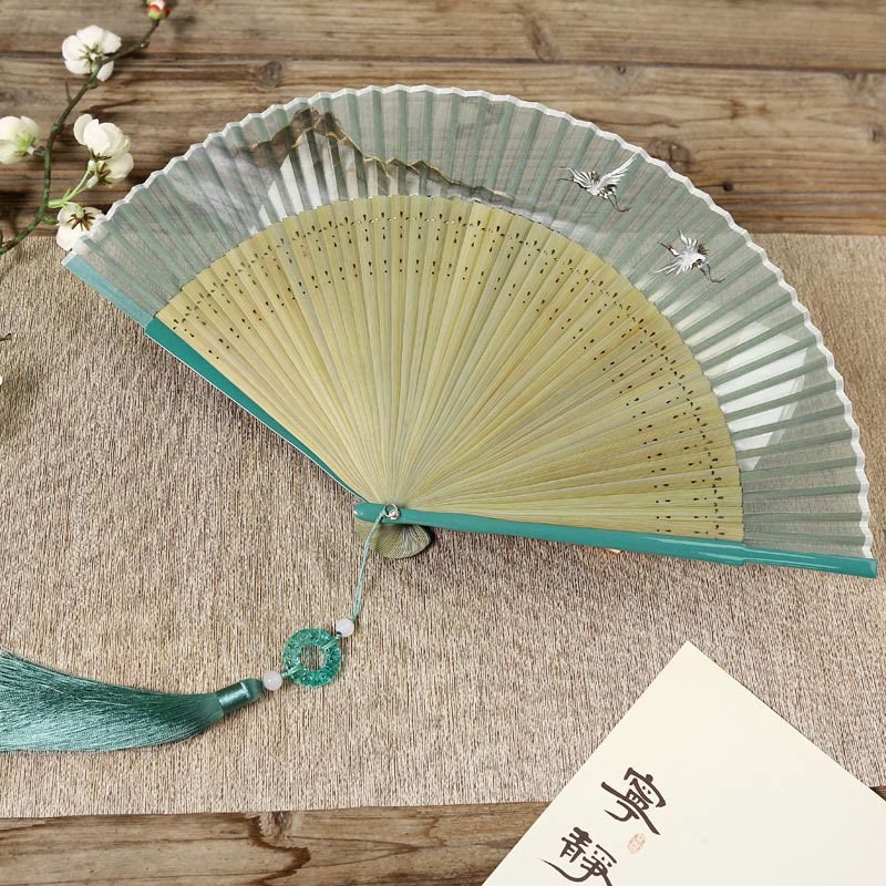 Retro Mountain River Crane Silk Handheld Bamboo Folding Fan