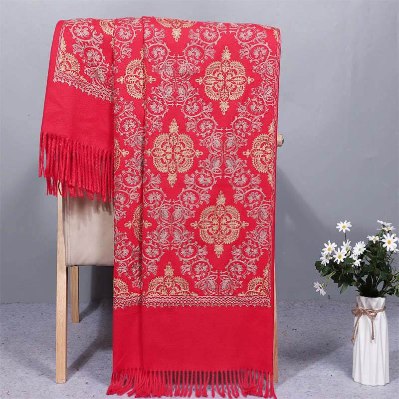 Polyester Shawl Symmetry Gold Filigree Embroidery Tassel Winter Cozy Travel Scarf Wrap