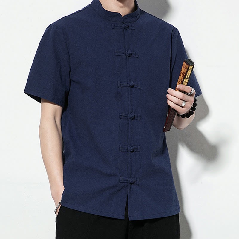 Casual Solid Color Front Frog Buttons Chinese Tang Suit Short Sleeve Linen Men's Shirt