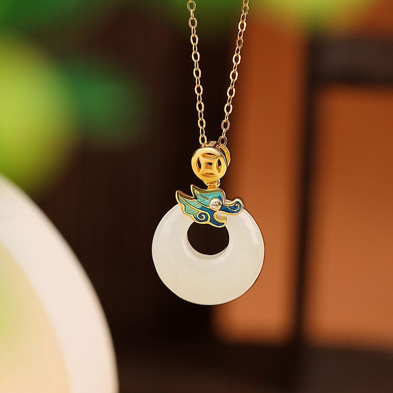 925 Sterling Silver Plated Gold Year of the Dragon Hetian Jade Peace Buckle Copper Coin Abundance Necklace Pendant