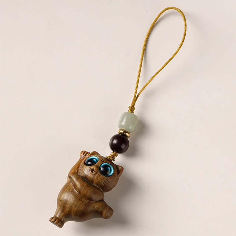 Green Sandalwood Thuja Sutchuenensis Dancing Cat Positive Key Chain Phone Hanging Decoration