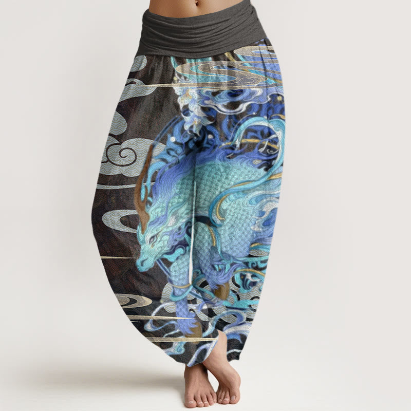 Dragons Auspicious Clouds Pattern Women's Elastic Waist Harem Pants