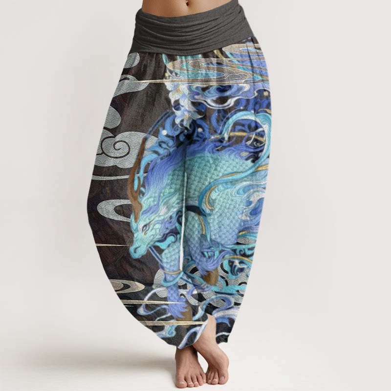 Dragons Auspicious Clouds Pattern Women's Elastic Waist Harem Pants