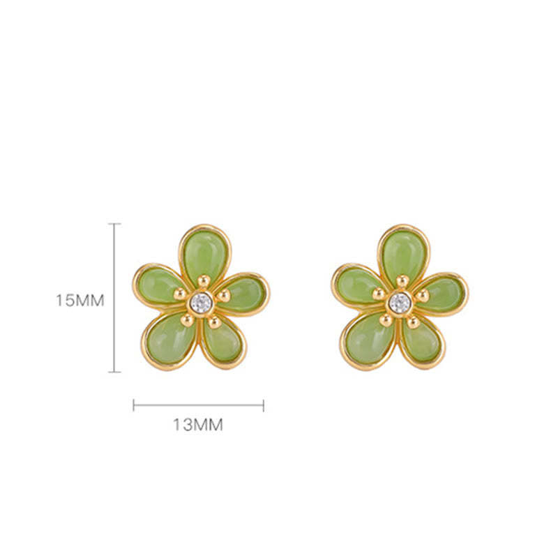 925 Sterling Silver Hetian Jade Flower Design Abundance Luck Earrings
