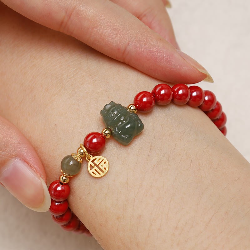 925 Sterling Silver Year of the Dragon Natural Cinnabar Hetian Jade Dragon Fu Character Ruyi As One Wishes Charm Blessing Bracelet (Extra 30% Off | USE CODE: FS30)
