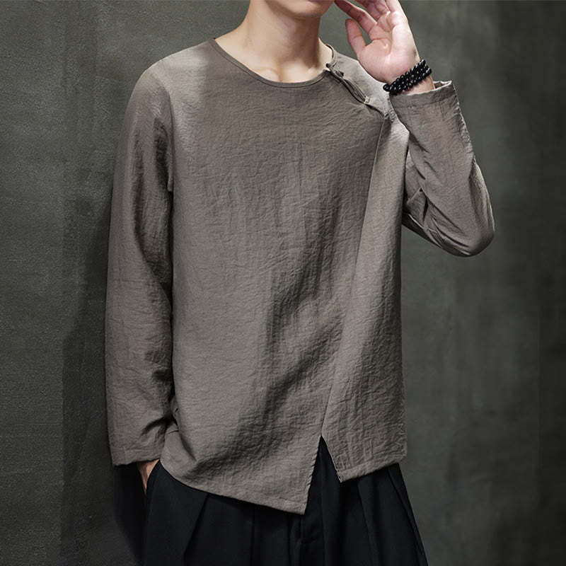 Fall Solid Round Neck Long Sleeve T-Shirt Cotton Men Clothing