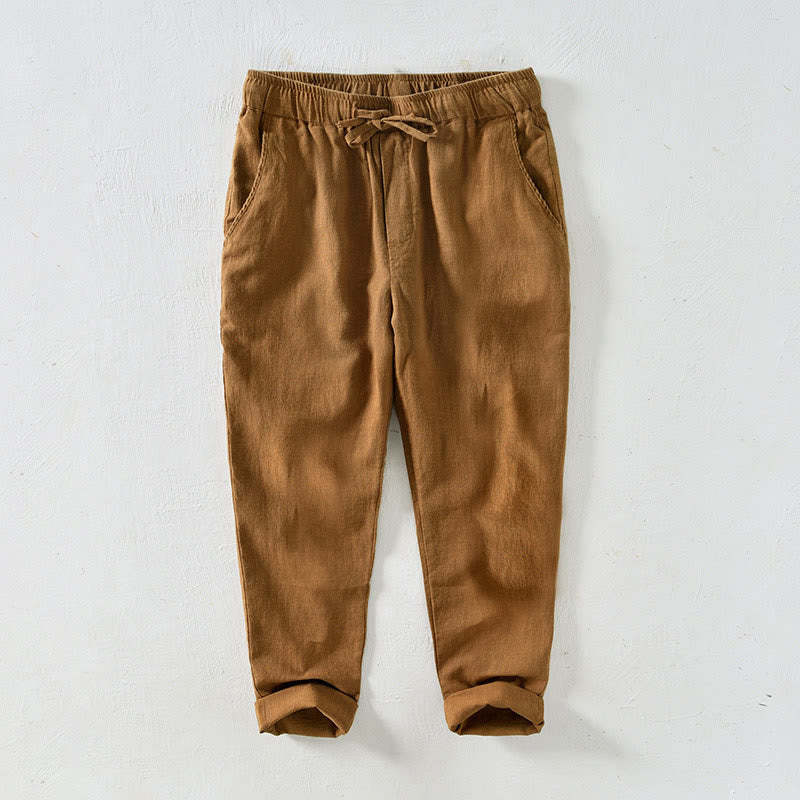 Casual Solid Color Simple Design Drawstring Ramie Linen Men's Pants With Pockets