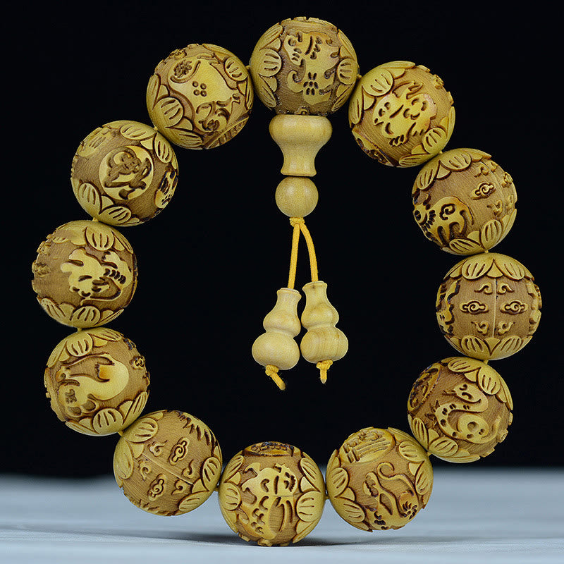 Chinese Zodiac Rosewood Ebony Boxwood Copper Coin PiXiu Carved Warmth Bracelet