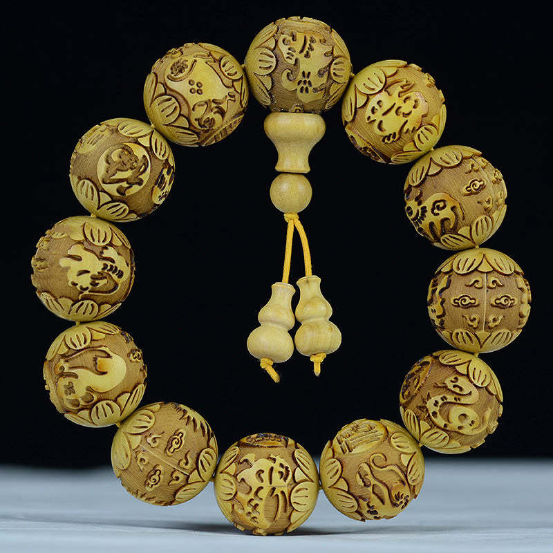 Chinese Zodiac Rosewood Ebony Boxwood Copper Coin PiXiu Carved Warmth Bracelet
