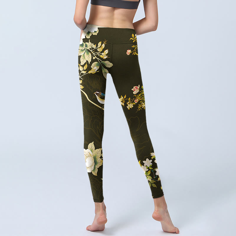 Black Magnolia Flowers Print Gym Leggings Women's Yoga Pants