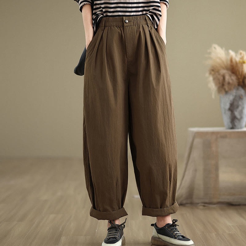 Casual Solid Color One Top Button Elastic Waistband Cotton Linen Women's Pants With Pockets