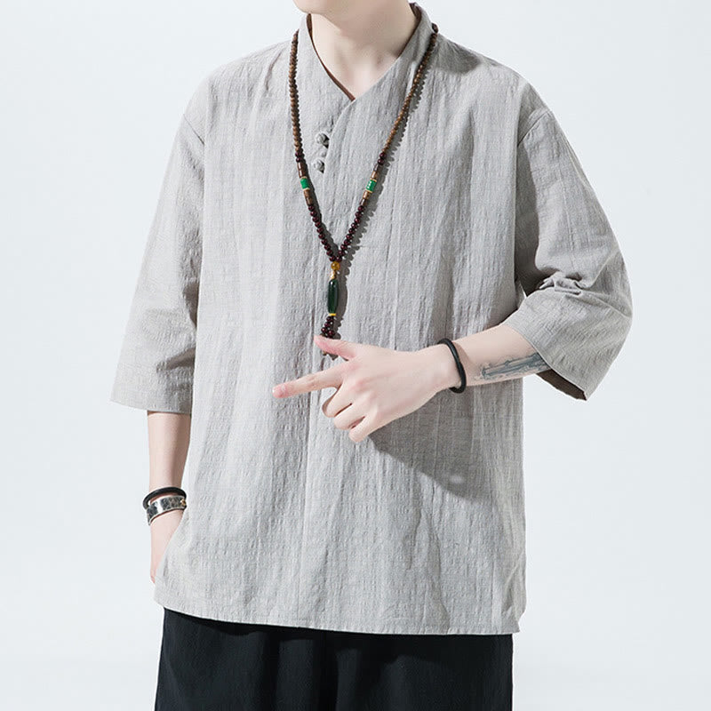 Casual Solid Color Two Buttons V-neck Three Quarter Sleeve Cotton Linen Men's Shirt