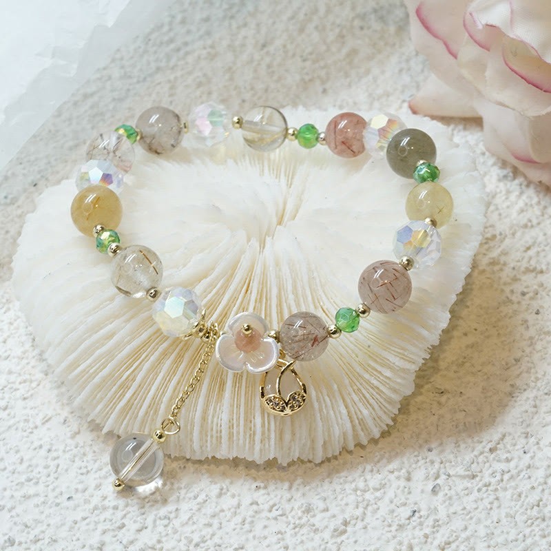 Strawberry Quartz Rutilated Quartz Fluorite Flower Healing Bracelet