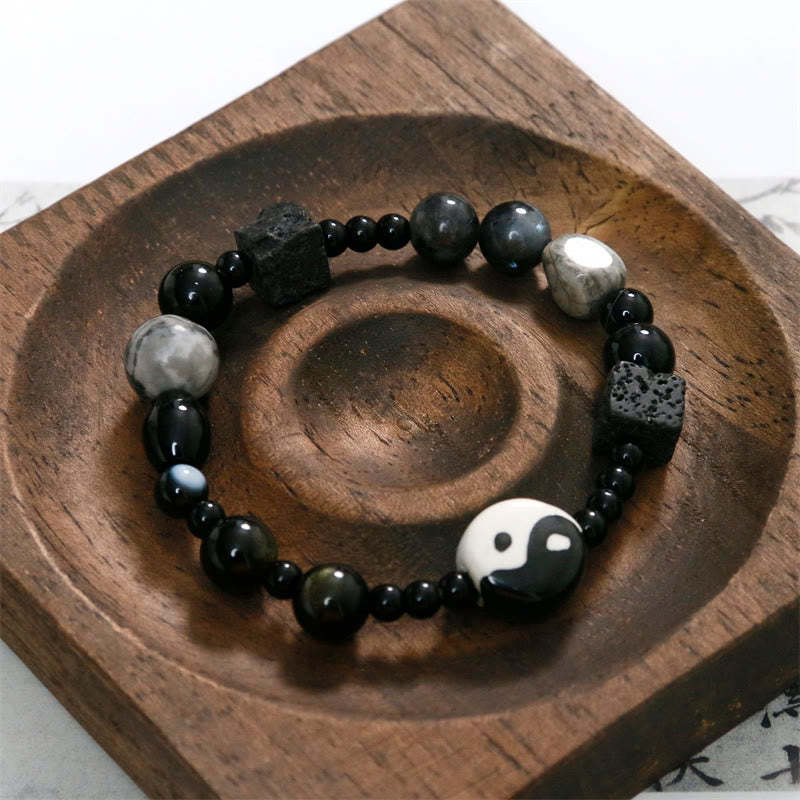 Black Onyx Picasso Jasper Bead Yin Yang Fortune Protection Bracelet