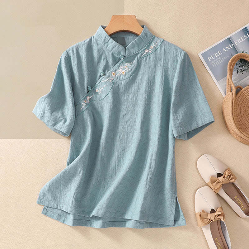 Plum Blossom Embroidery Frog-Button Short Sleeve Cotton Linen Shirt