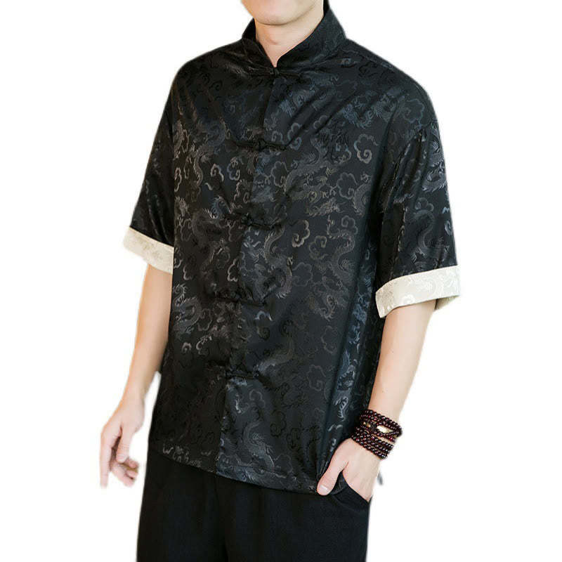 Chinese Tang Suit Frog-button Dragon Print Men's Half Sleeve Shirts