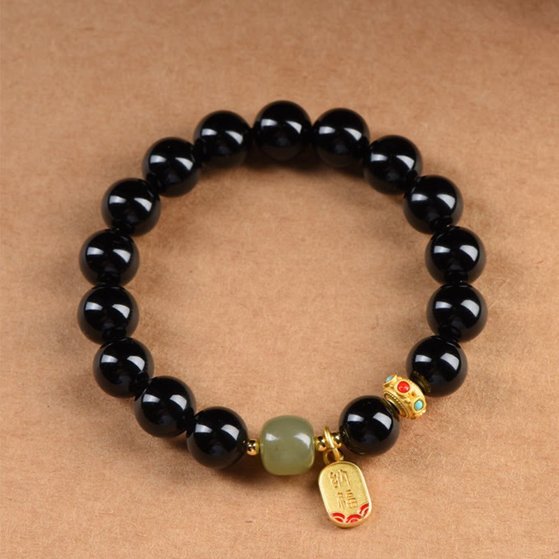 Black Onyx Hetian Jade Bead Lucky Fortune Charm Bracelet