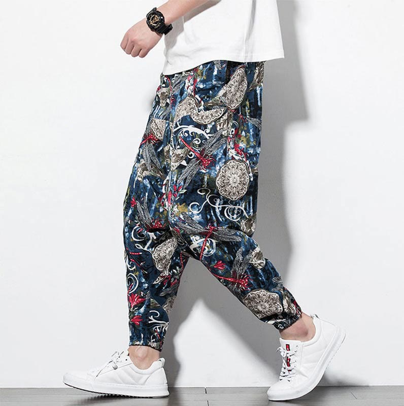 Red Dragonfly Dandelion Print Cotton Men's Harem Pants With Pockets