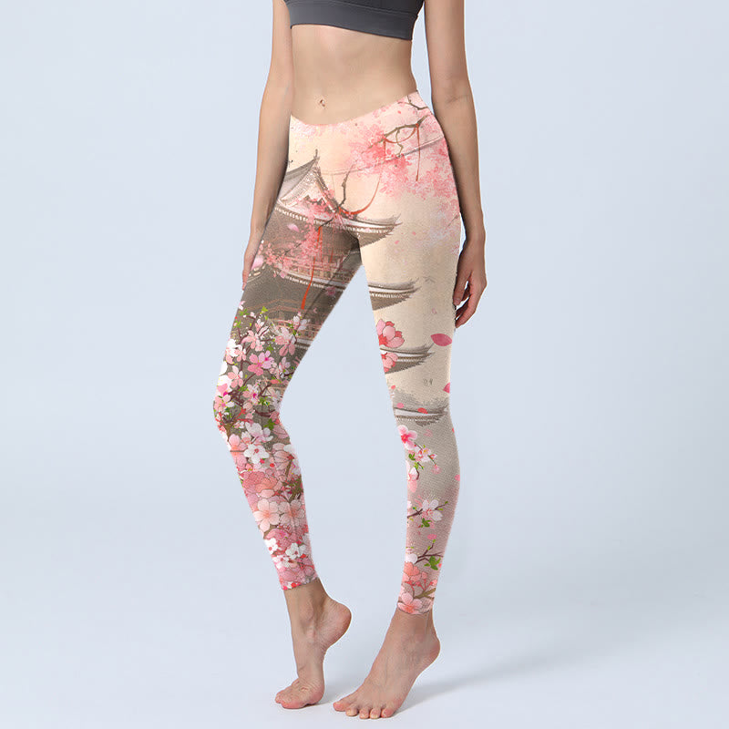 Pink Sakura Antique Building Print Fitness Leggings Women's Yoga Pants