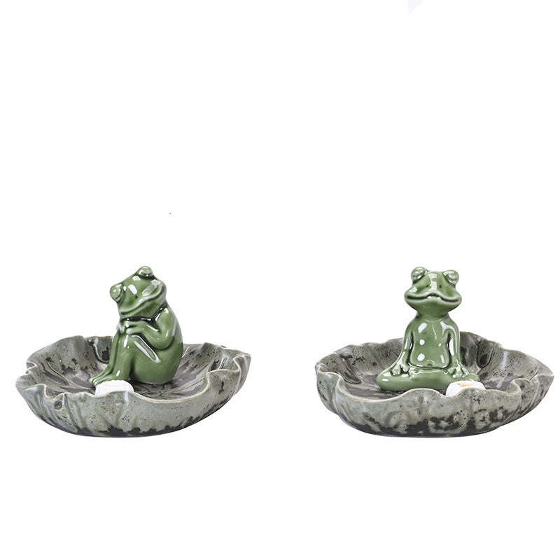 Leaf Meditation Frog Pattern Healing Ceramic Incense Burner Decoration